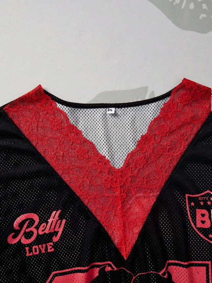 Betty Boop x Plus Size Summer Fashion Lace Patchwork Cartoon Bow Print T-Shirt Day Time Black Graphic Oversized
