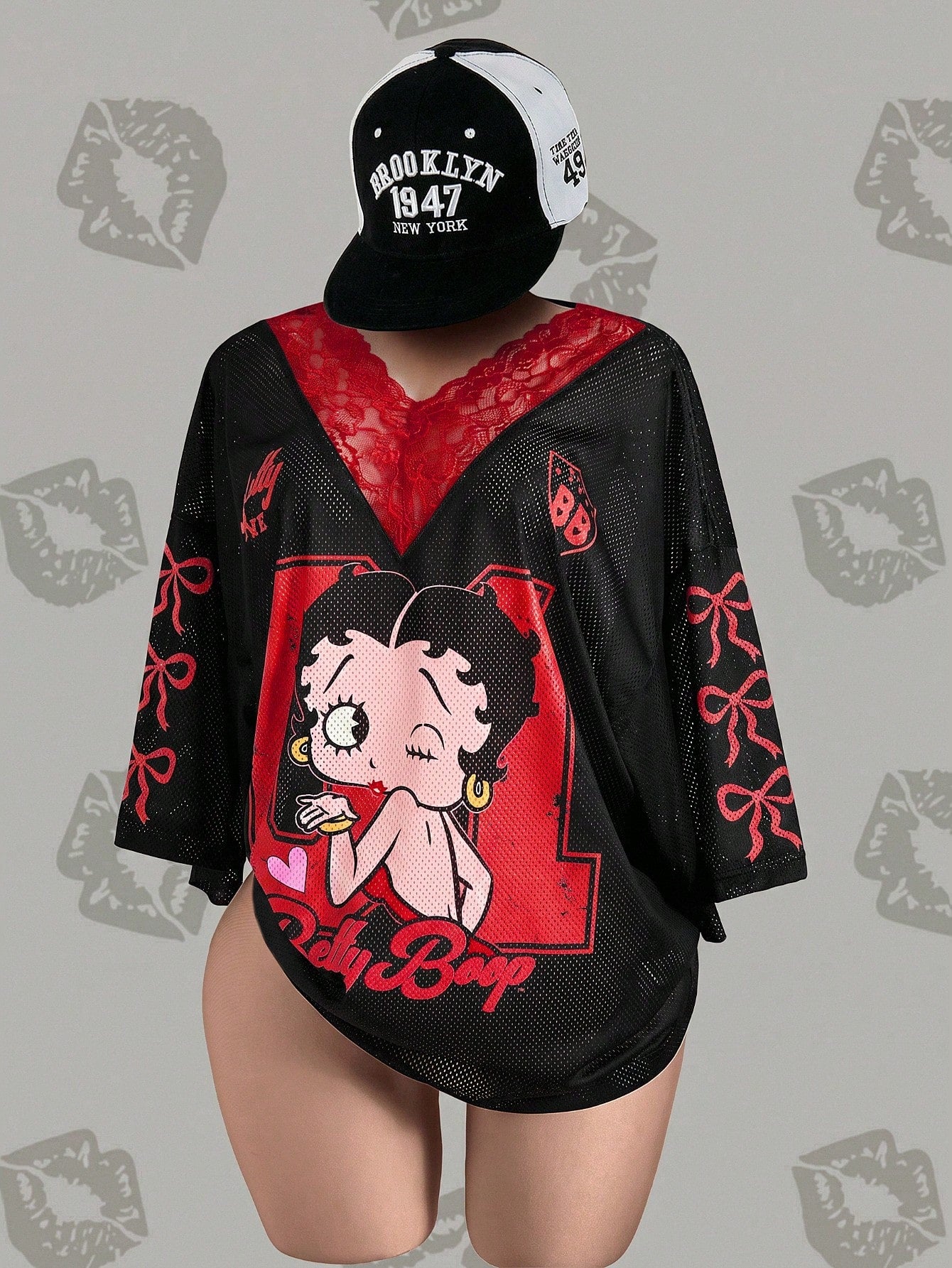 Betty Boop x Plus Size Summer Fashion Lace Patchwork Cartoon Bow Print T-Shirt Day Time Black Graphic Oversized
