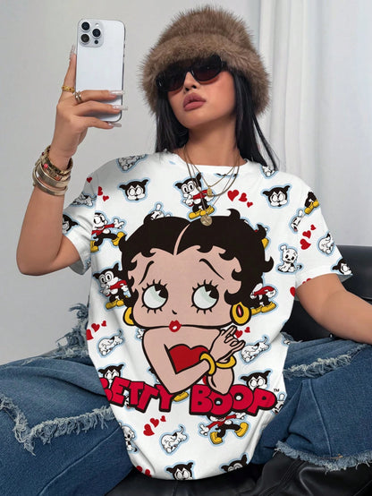 Betty Boop x Plus Size Women Round Neck Short Sleeve Casual T-Shirt
