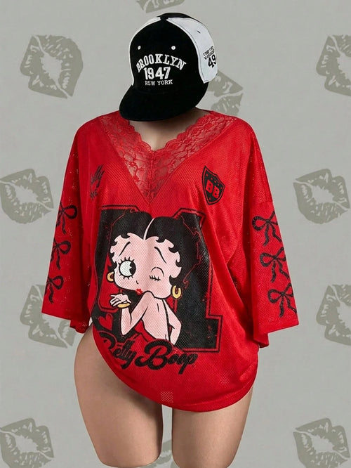 Betty Boop x Plus Size Women V-Neck Lace Bow Cartoon Print Casual Versatile Daily T-Shirt Mesh Top Women Red Casual Shirt Anime T Shirt Women Oversized T-Shirt Y2k Clothes Red Shirt Y2k Tops