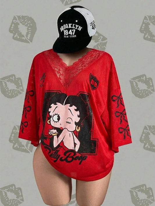 Betty Boop x Plus Size Women V-Neck Lace Bow Cartoon Print Casual Versatile Daily T-Shirt Mesh Top Women Red Casual Shirt Anime T Shirt Women Oversized T-Shirt Y2k Clothes Red Shirt Y2k Tops