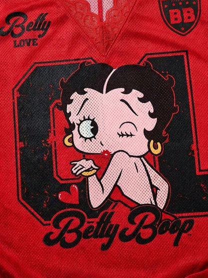 Betty Boop x Plus Size Women V-Neck Lace Bow Cartoon Print Casual Versatile Daily T-Shirt Mesh Top Women Red Casual Shirt Anime T Shirt Women Oversized T-Shirt Y2k Clothes Red Shirt Y2k Tops