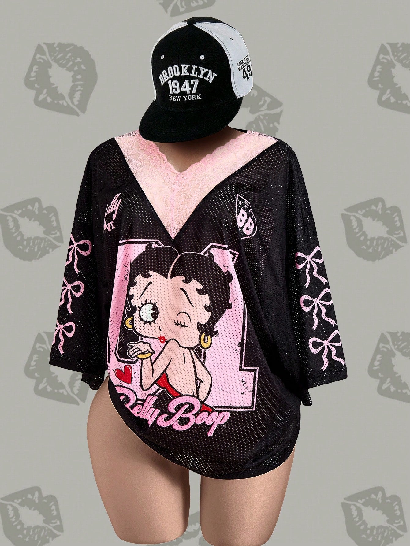 Betty Boop x Plus Size Women V-Neck Lace Bow Cartoon Print Casual Versatile Daily T-Shirt Mesh Top Women Red Casual Shirt Anime T Shirt Women Oversized T-Shirt Y2k Clothes Red Shirt Y2k Tops