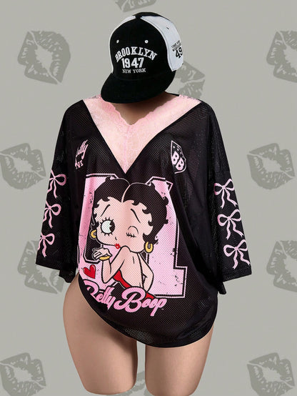 Betty Boop x Plus Size Women V-Neck Lace Bow Cartoon Print Casual Versatile Daily T-Shirt Mesh Top Women Red Casual Shirt Anime T Shirt Women Oversized T-Shirt Y2k Clothes Red Shirt Y2k Tops