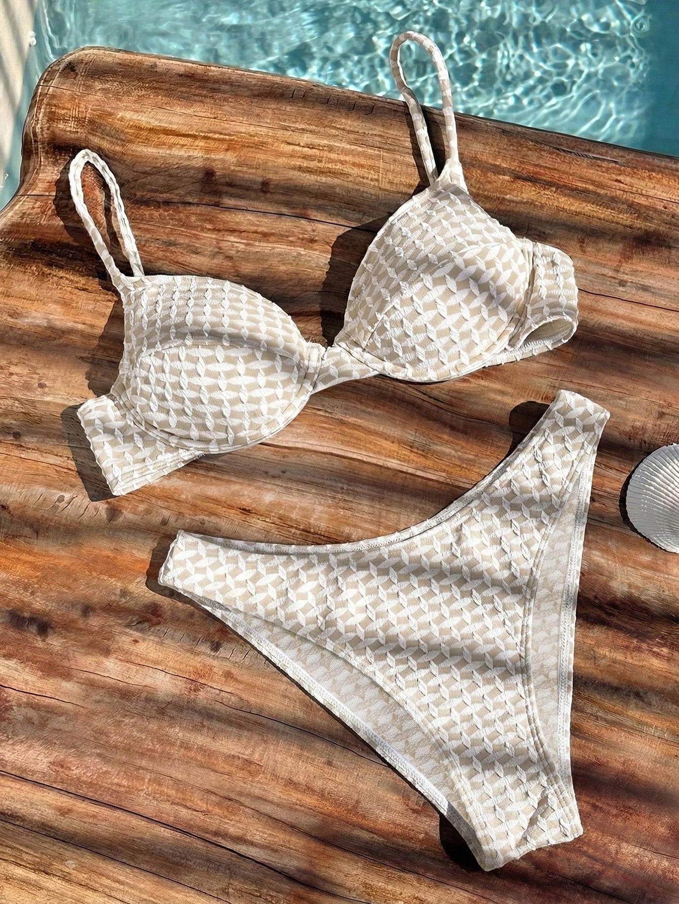 Bikinx Women's Apricot Jacquard Textured Fabric Bikini Swimwear, Spaghetti Strap Backless Lace-Up, Suitable For Beach Vacation Summer, Aesthetic