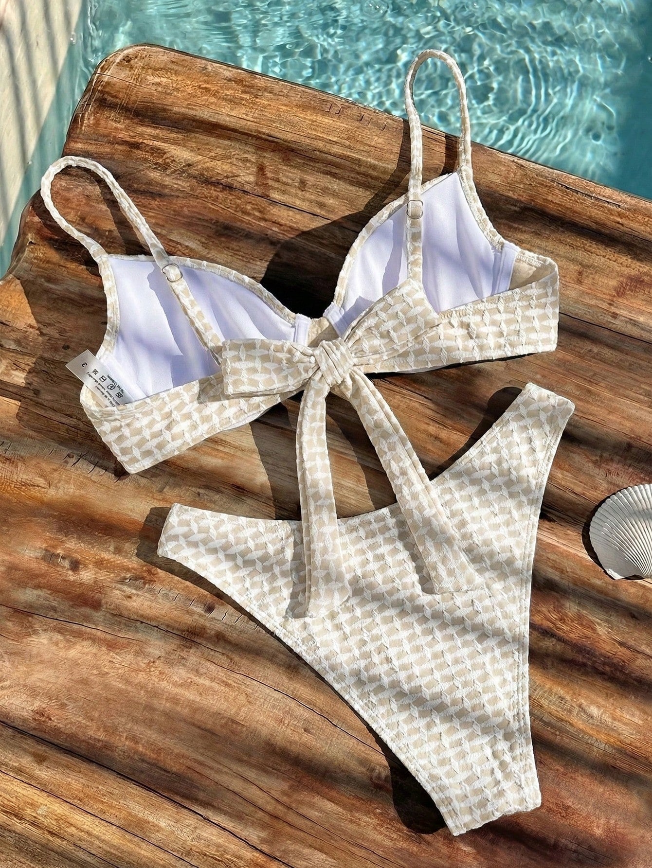 Bikinx Women's Apricot Jacquard Textured Fabric Bikini Swimwear, Spaghetti Strap Backless Lace-Up, Suitable For Beach Vacation Summer, Aesthetic