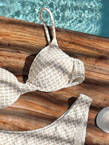 Bikinx Women's Apricot Jacquard Textured Fabric Bikini Swimwear, Spaghetti Strap Backless Lace-Up, Suitable For Beach Vacation Summer, Aesthetic