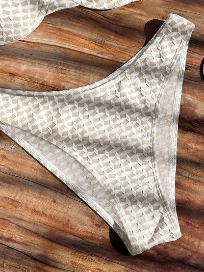 Bikinx Women's Apricot Jacquard Textured Fabric Bikini Swimwear, Spaghetti Strap Backless Lace-Up, Suitable For Beach Vacation Summer, Aesthetic