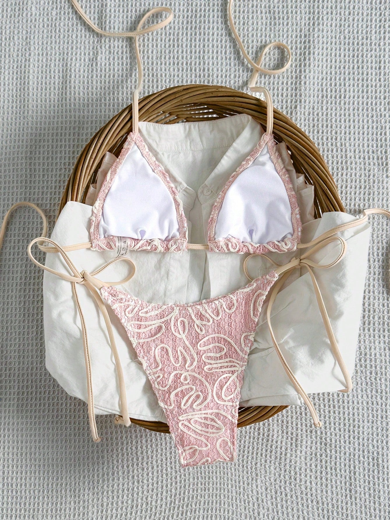 Bikinx Women's Asymmetric Striped Tie-Side Bikini Set, Fashion Summer Vacation Beach Pink
