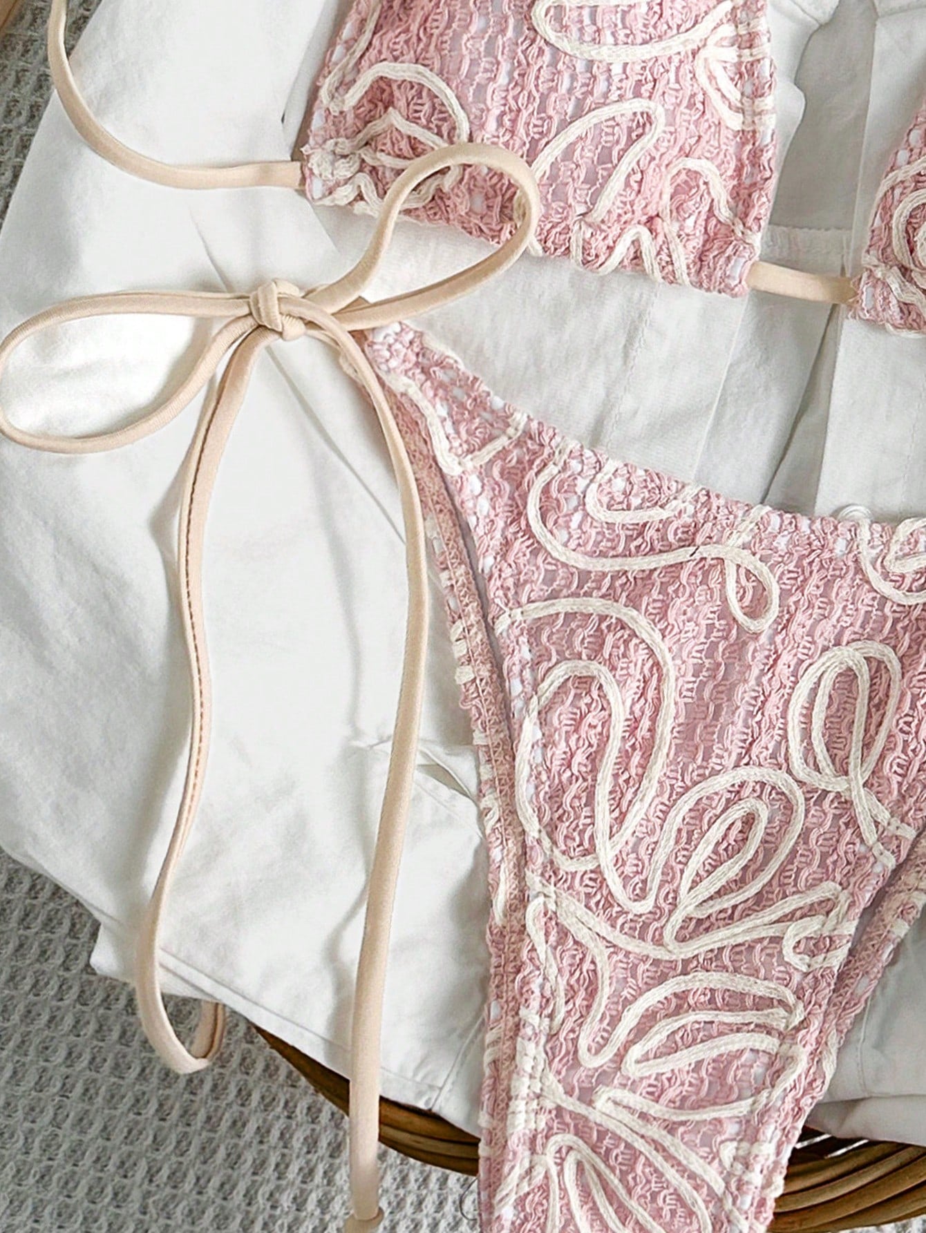 Bikinx Women's Asymmetric Striped Tie-Side Bikini Set, Fashion Summer Vacation Beach Pink