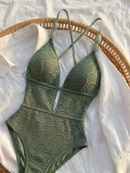 Bikinx Women's Boho Crochet Lace Up V Neck One Piece Swimsuit With Bead Detail Elegant Sleeveless For Summer Vacation Beach, Resort Wear
