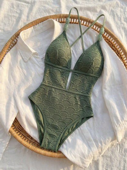 Bikinx Women's Boho Crochet Lace Up V Neck One Piece Swimsuit With Bead Detail Elegant Sleeveless For Summer Vacation Beach, Resort Wear