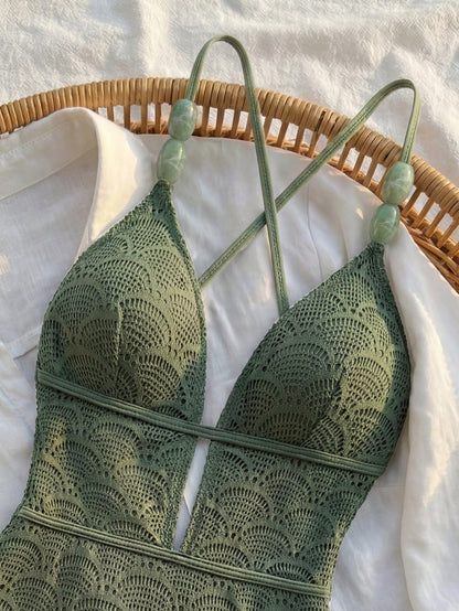 Bikinx Women's Boho Crochet Lace Up V Neck One Piece Swimsuit With Bead Detail Elegant Sleeveless For Summer Vacation Beach, Resort Wear
