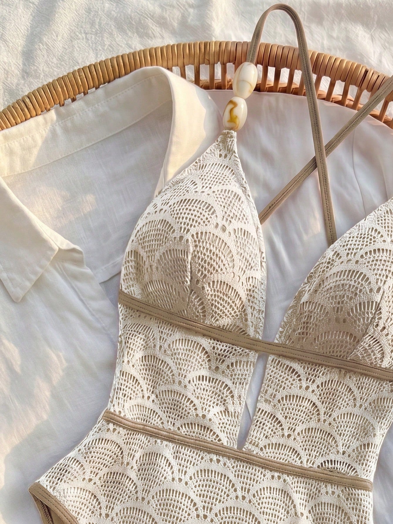 Bikinx Women's Boho Crochet Lace Up V Neck One Piece Swimsuit With Bead Detail Sleeveless White Vacation Beach