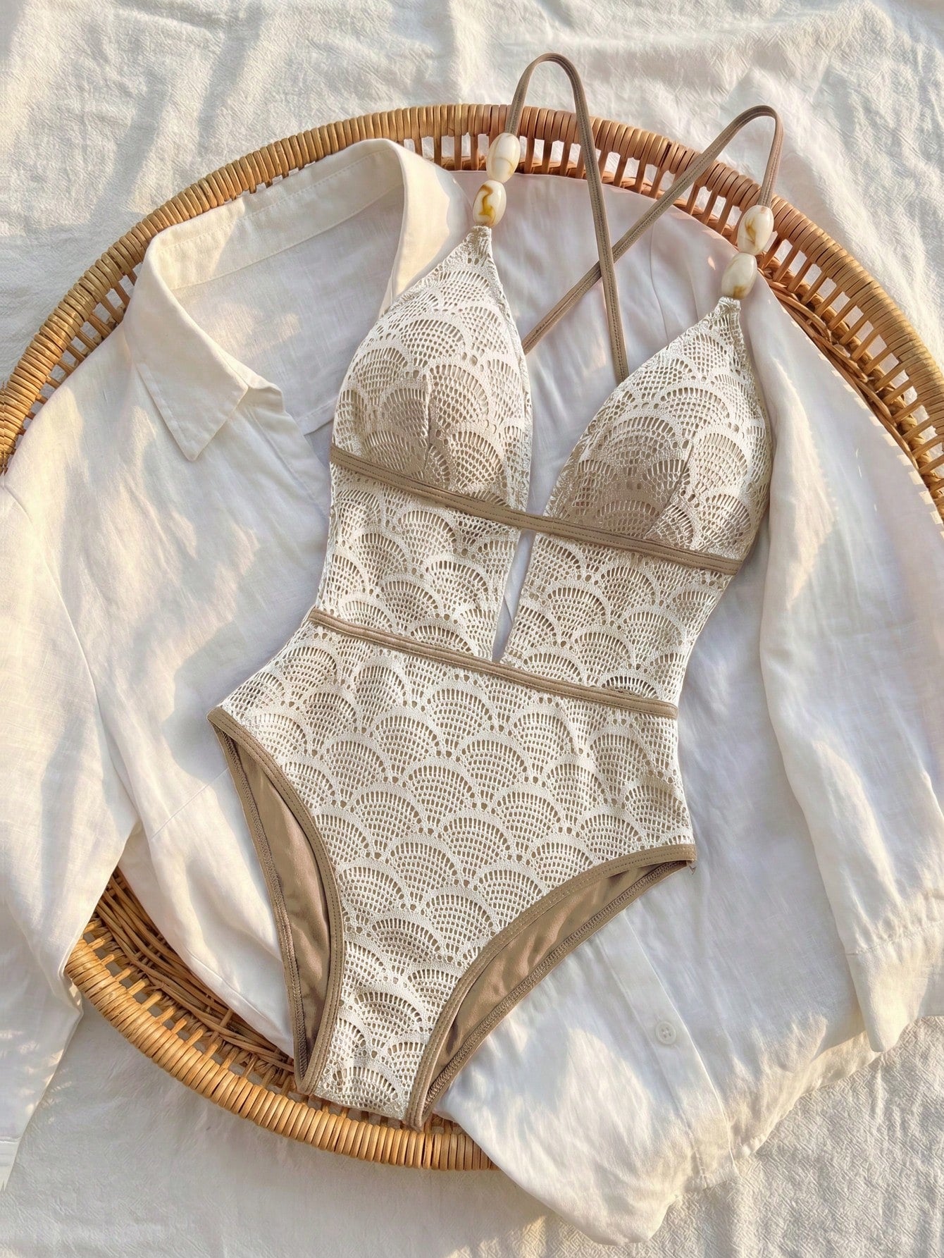 Bikinx Women's Boho Crochet Lace Up V Neck One Piece Swimsuit With Bead Detail Sleeveless White Vacation Beach