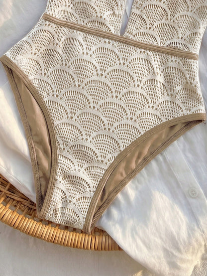 Bikinx Women's Boho Crochet Lace Up V Neck One Piece Swimsuit With Bead Detail Sleeveless White Vacation Beach