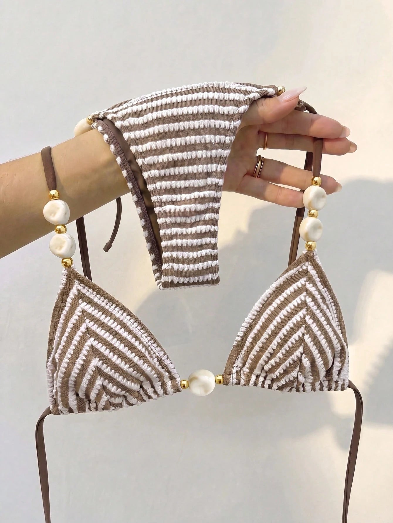 Bikinx Women's Striped Color-Block Textured Halter Bikini With Beaded Details Side Tie-Up Swimwear Vacation Beach