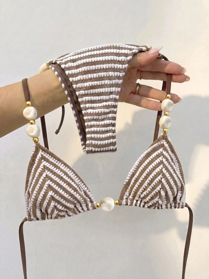 Bikinx Women's Striped Color-Block Textured Halter Bikini With Beaded Details Side Tie-Up Swimwear Vacation Beach