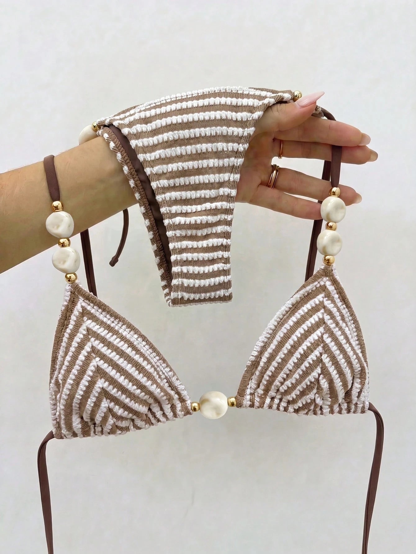 Bikinx Women's Striped Color-Block Textured Halter Bikini With Beaded Details Side Tie-Up Swimwear Vacation Beach