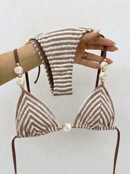 Bikinx Women's Striped Color-Block Textured Halter Bikini With Beaded Details Side Tie-Up Swimwear Vacation Beach