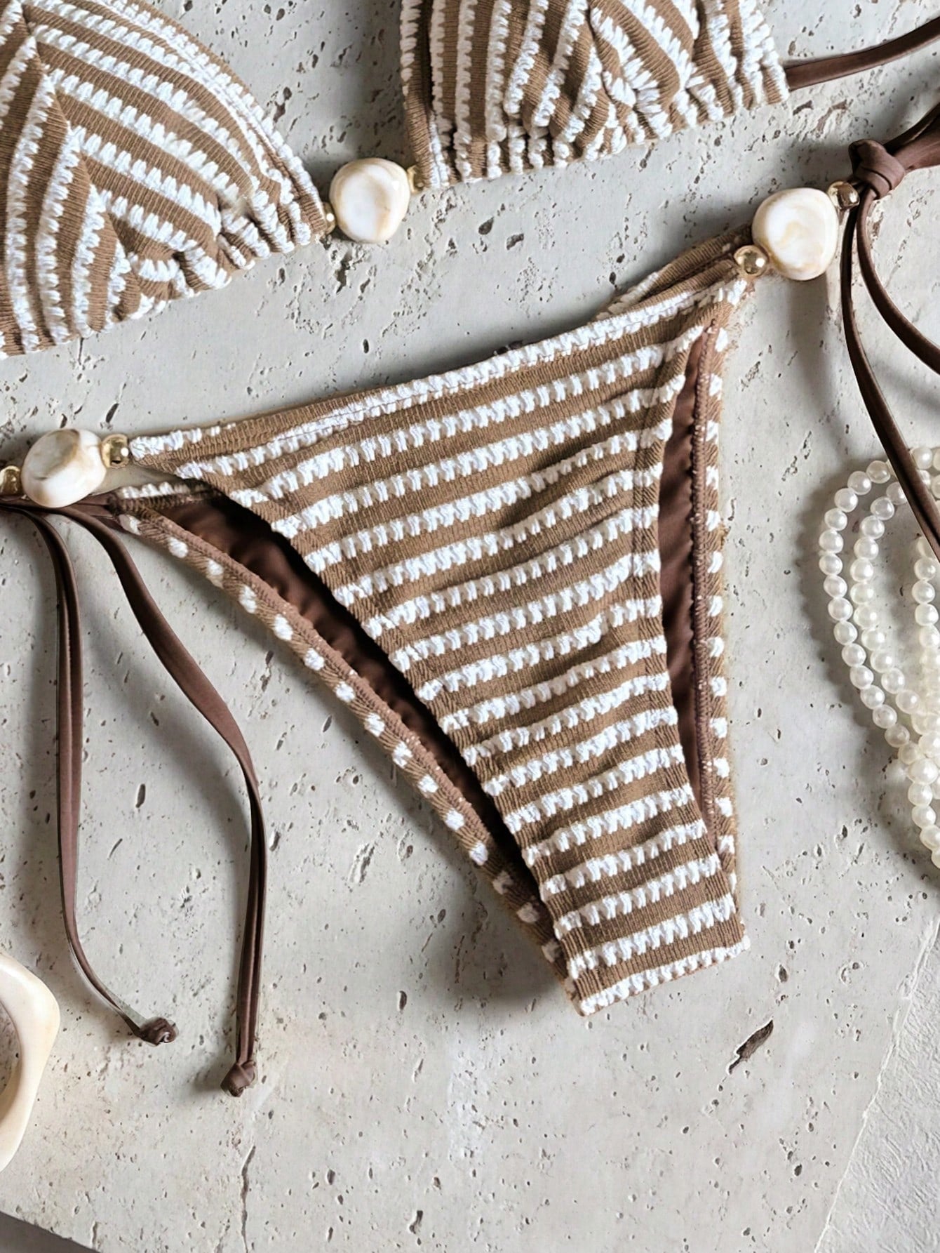 Bikinx Women's Striped Color-Block Textured Halter Bikini With Beaded Details Side Tie-Up Swimwear Vacation Beach