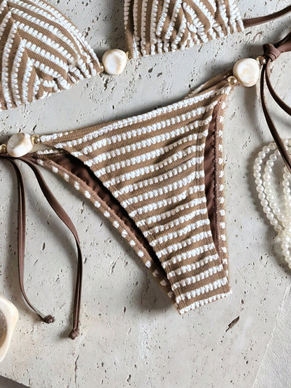 Bikinx Women's Striped Color-Block Textured Halter Bikini With Beaded Details Side Tie-Up Swimwear Vacation Beach