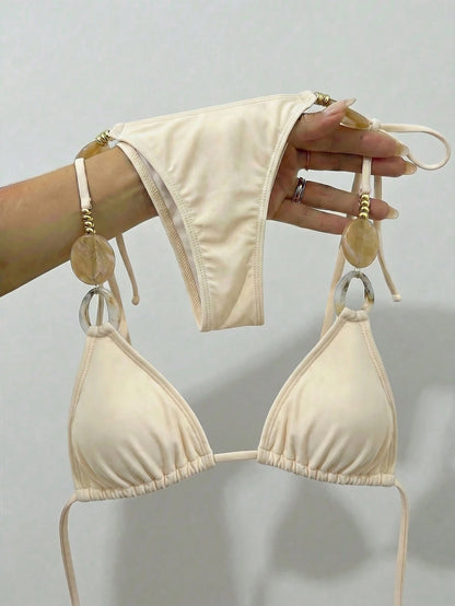 Bikinx Women's Stylish Halter Bikini Set Featuring Lace-Up Backless Design Beaded Ring Accents And Tie Side Bottom Vacation Beach Summer