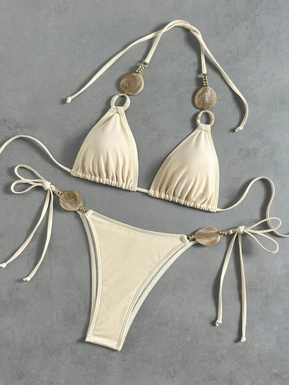 Bikinx Women's Stylish Halter Bikini Set Featuring Lace-Up Backless Design Beaded Ring Accents And Tie Side Bottom Vacation Beach Summer