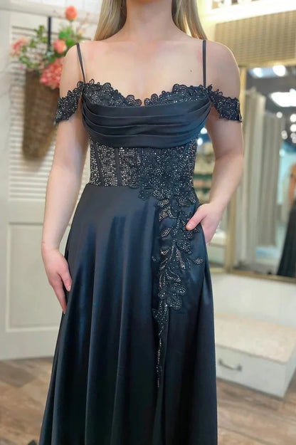Black Appliques Off The Shoulder A-Line Prom Dress,AST938