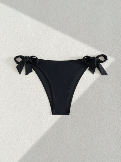 Black Basic Side Tie Bikini Bottom, Suitable For Graduation, Independence Day, Valentine's Day, Music Festivals, Fashion Vacation Beach Summer