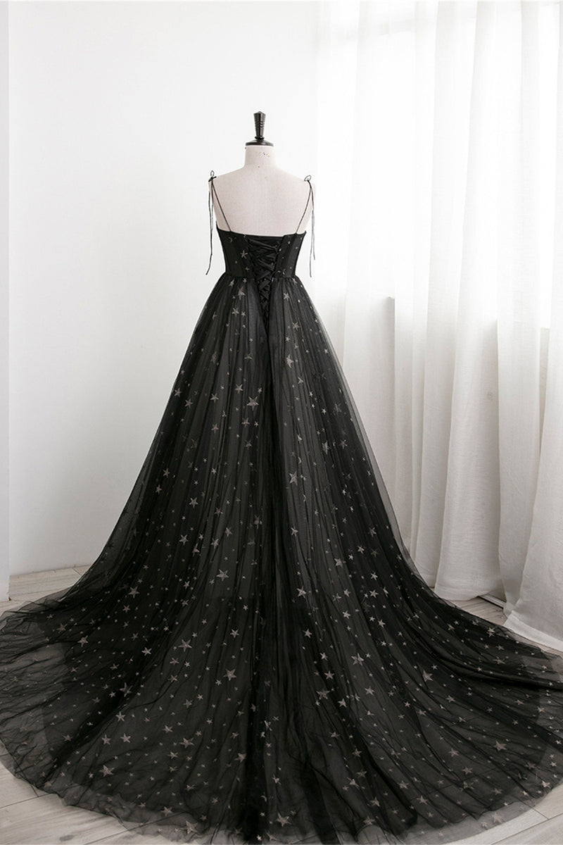 Black Corset Satrs Tulle A-line Long Formal Dress