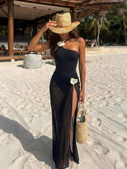 Black Elegant And Sexy 3D Floral Decor Halter Tie Women's Two Pieces One-Piece Swimsuit Dress Set,Summer Leisure Beach Vacation Party Fashion Swimwear