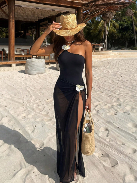 Black Elegant And Sexy 3D Floral Decor Halter Tie Women's Two Pieces One-Piece Swimsuit Dress Set,Summer Leisure Beach Vacation Party Fashion Swimwear