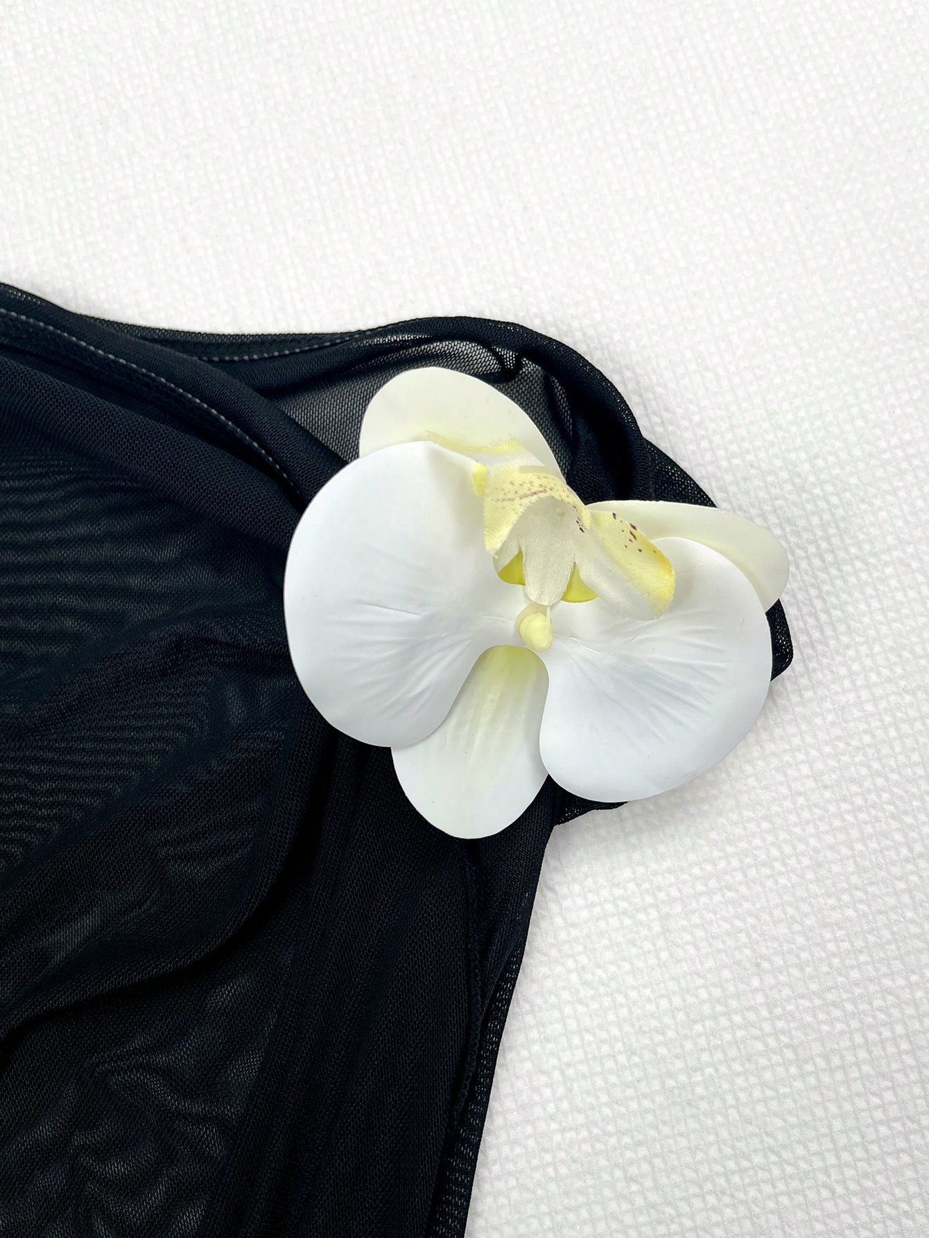 Black Elegant And Sexy 3D Floral Decor Halter Tie Women's Two Pieces One-Piece Swimsuit Dress Set,Summer Leisure Beach Vacation Party Fashion Swimwear