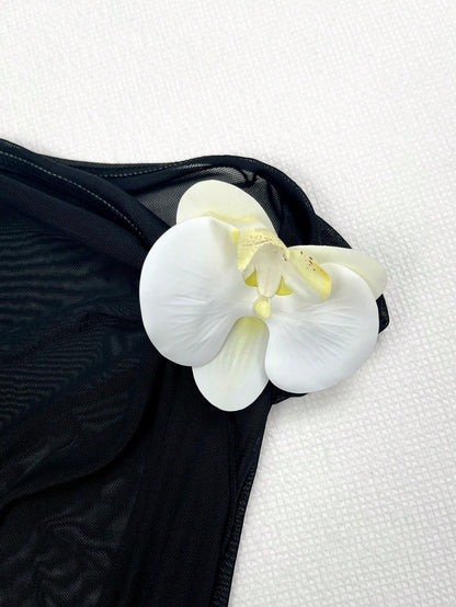 Black Elegant And Sexy 3D Floral Decor Halter Tie Women's Two Pieces One-Piece Swimsuit Dress Set,Summer Leisure Beach Vacation Party Fashion Swimwear