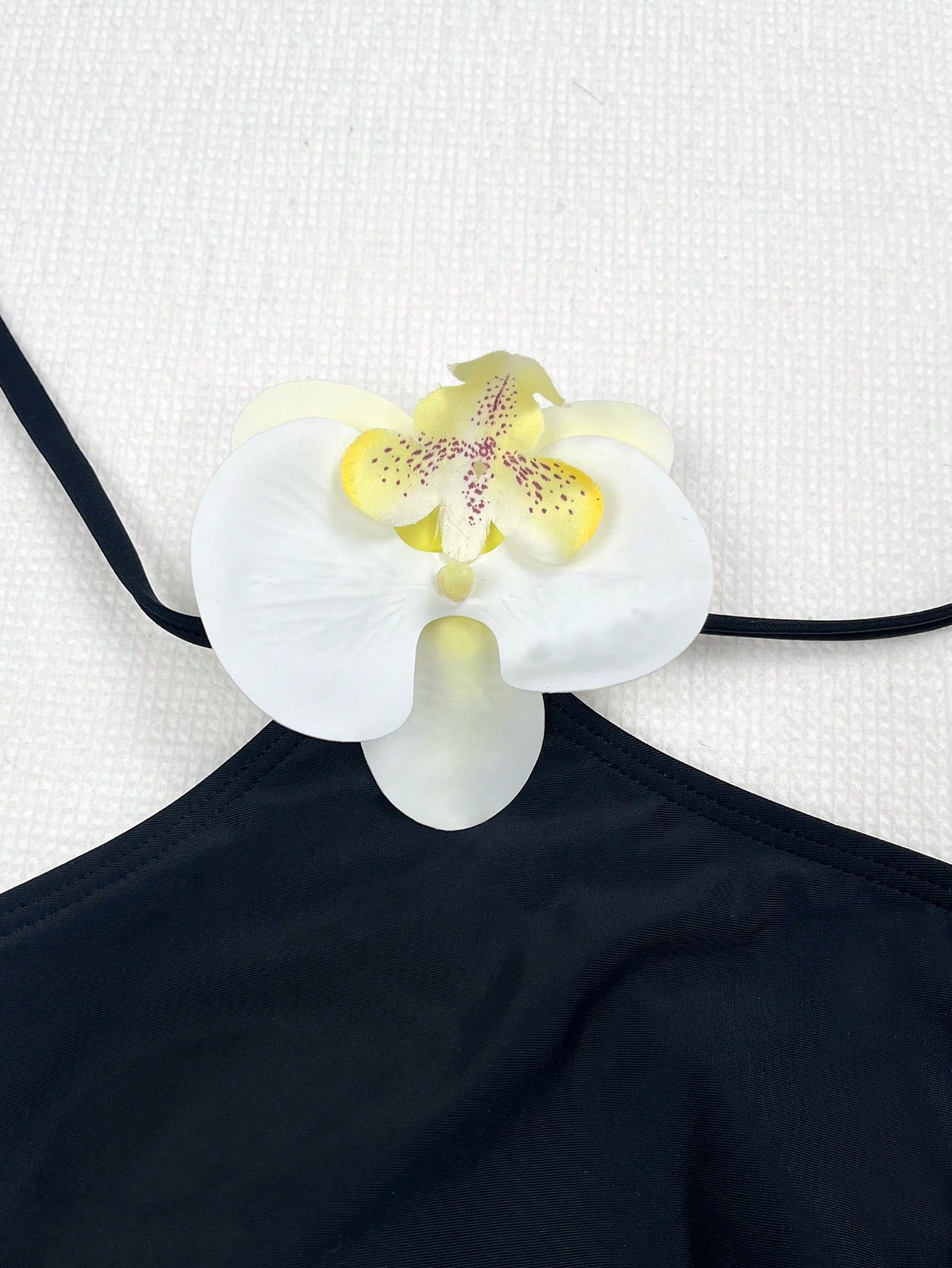 Black Elegant And Sexy 3D Floral Decor Halter Tie Women's Two Pieces One-Piece Swimsuit Dress Set,Summer Leisure Beach Vacation Party Fashion Swimwear
