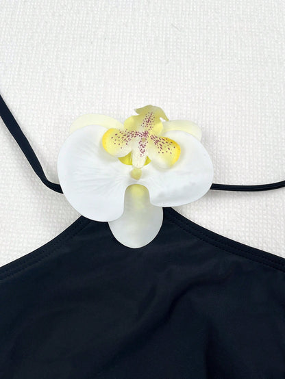 Black Elegant And Sexy 3D Floral Decor Halter Tie Women's Two Pieces One-Piece Swimsuit Dress Set,Summer Leisure Beach Vacation Party Fashion Swimwear