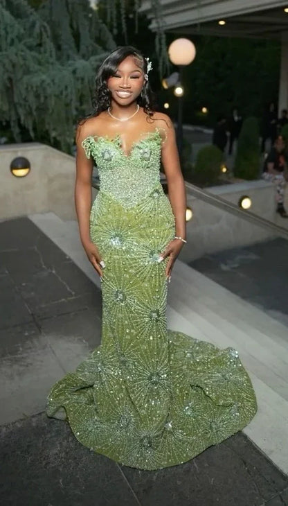 Black Girls Mermaid Prom Dresses Green Sweetheart Evening Party Dress,AST2243