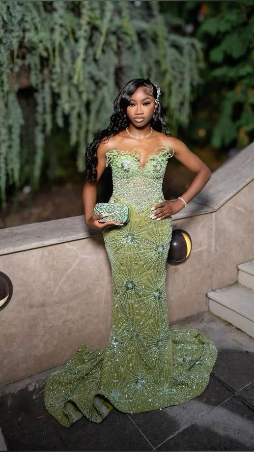 Black Girls Mermaid Prom Dresses Green Sweetheart Evening Party Dress,AST2243
