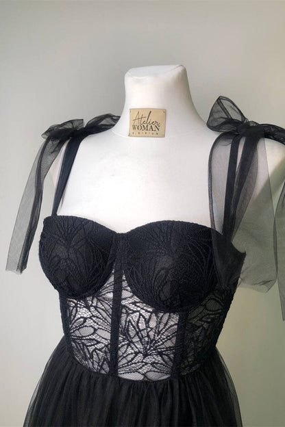 Black Lace Corset Tulle A-line Long Prom Dress