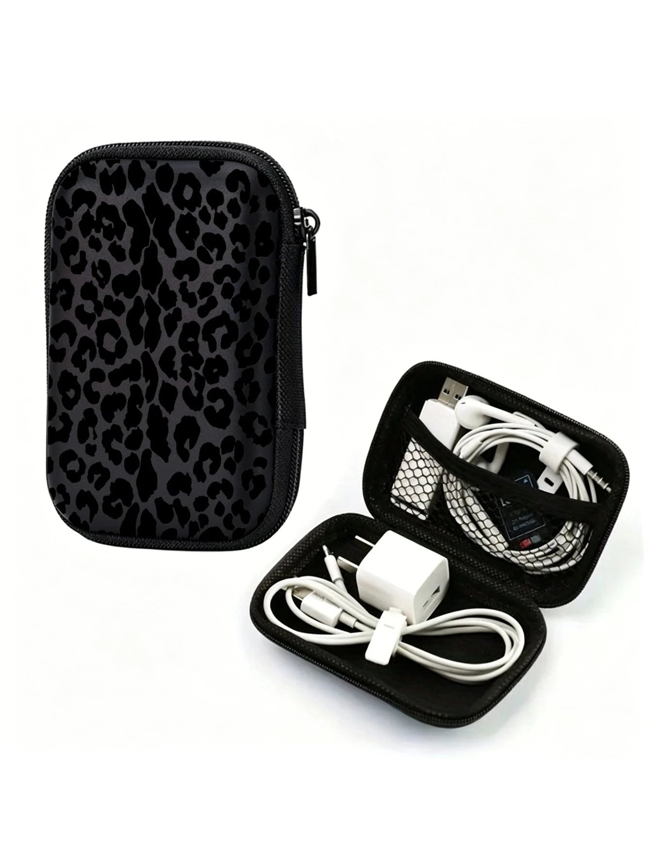 Black Leopard Print EVA Hard Shell 4.3 Inch Compact Storage Box- Travel Protective Storage Bag, Suitable For Electronic Accessories, Earphones, Hard Drives And Data Cables; Shockproof Zipper Pouch (S