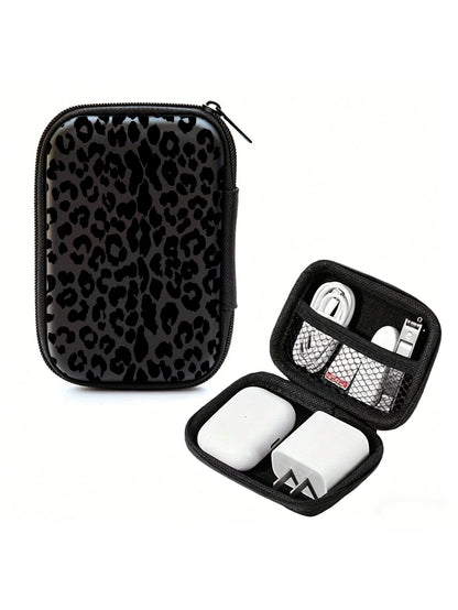 Black Leopard Print EVA Hard Shell 4.3 Inch Compact Storage Box- Travel Protective Storage Bag, Suitable For Electronic Accessories, Earphones, Hard Drives And Data Cables; Shockproof Zipper Pouch (S