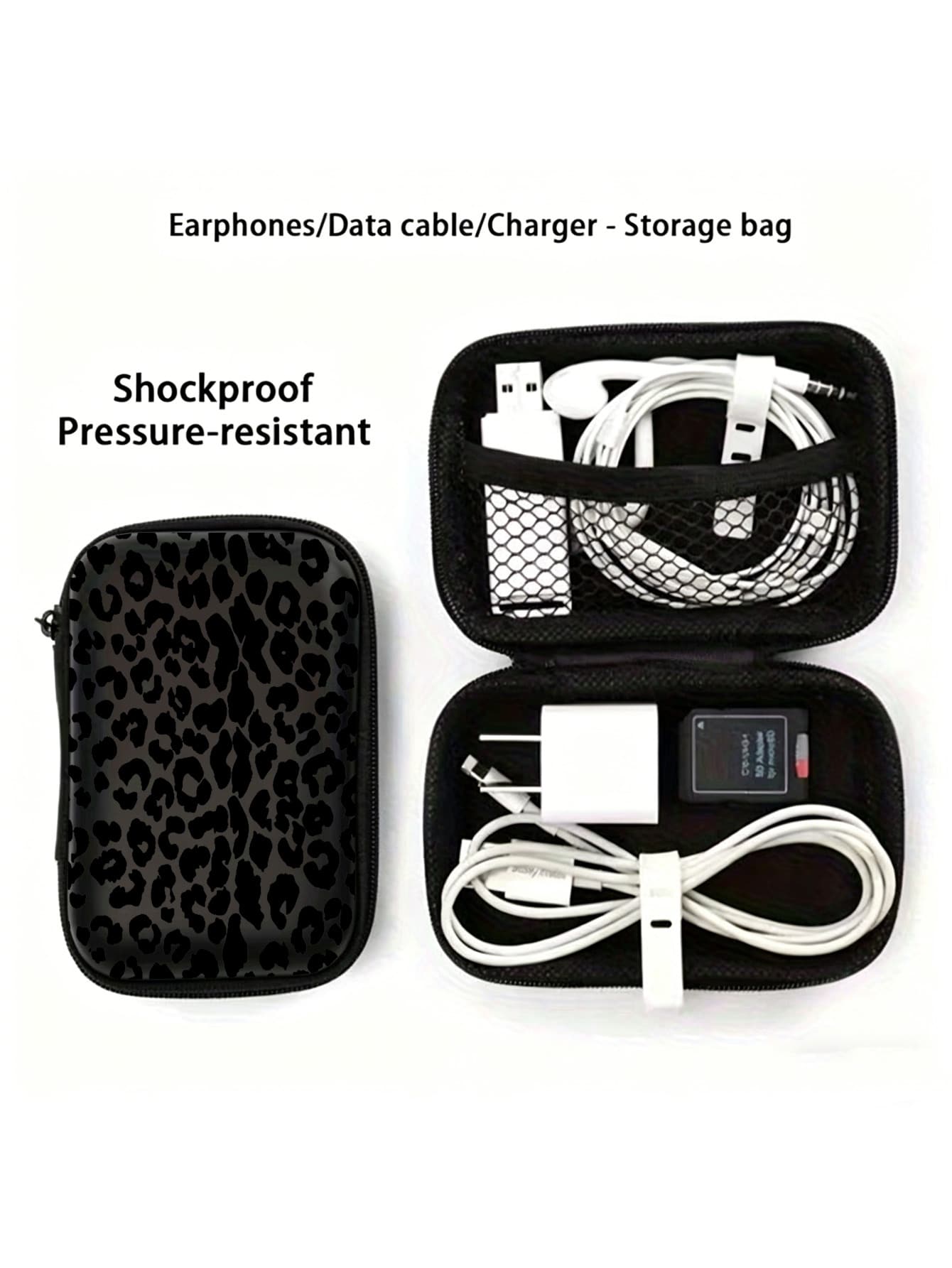 Black Leopard Print EVA Hard Shell 4.3 Inch Compact Storage Box- Travel Protective Storage Bag, Suitable For Electronic Accessories, Earphones, Hard Drives And Data Cables; Shockproof Zipper Pouch (S