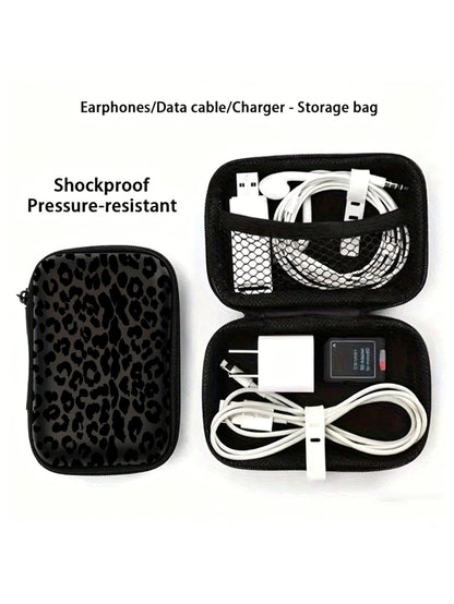 Black Leopard Print EVA Hard Shell 4.3 Inch Compact Storage Box- Travel Protective Storage Bag, Suitable For Electronic Accessories, Earphones, Hard Drives And Data Cables; Shockproof Zipper Pouch (S