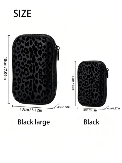 Black Leopard Print EVA Hard Shell 4.3 Inch Compact Storage Box- Travel Protective Storage Bag, Suitable For Electronic Accessories, Earphones, Hard Drives And Data Cables; Shockproof Zipper Pouch (S