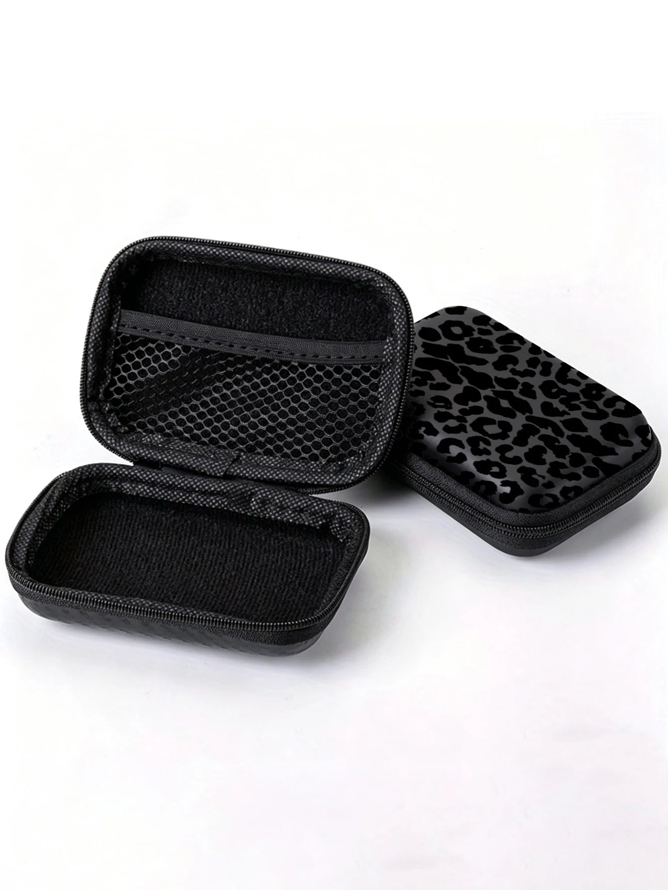 Black Leopard Print EVA Hard Shell 4.3 Inch Compact Storage Box- Travel Protective Storage Bag, Suitable For Electronic Accessories, Earphones, Hard Drives And Data Cables; Shockproof Zipper Pouch (S