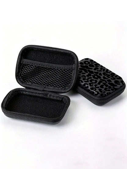 Black Leopard Print EVA Hard Shell 4.3 Inch Compact Storage Box- Travel Protective Storage Bag, Suitable For Electronic Accessories, Earphones, Hard Drives And Data Cables; Shockproof Zipper Pouch (S
