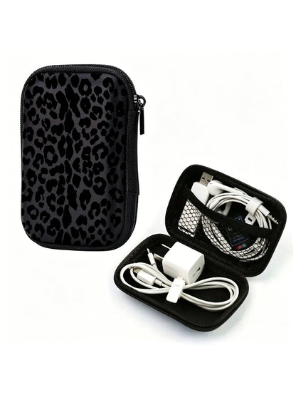 Black Leopard Print EVA Hard Shell 4.3 Inch Compact Storage Box- Travel Protective Storage Bag, Suitable For Electronic Accessories, Earphones, Hard Drives And Data Cables; Shockproof Zipper Pouch (S
