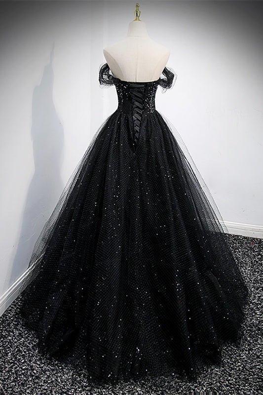 Black Off the Shoulder Tulle Formal Gown