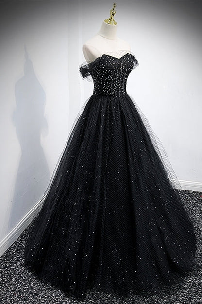 Black Off the Shoulder Tulle Formal Gown